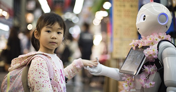 niña, robot, inteligencia artificial, futuro, flores, mano, ipad,